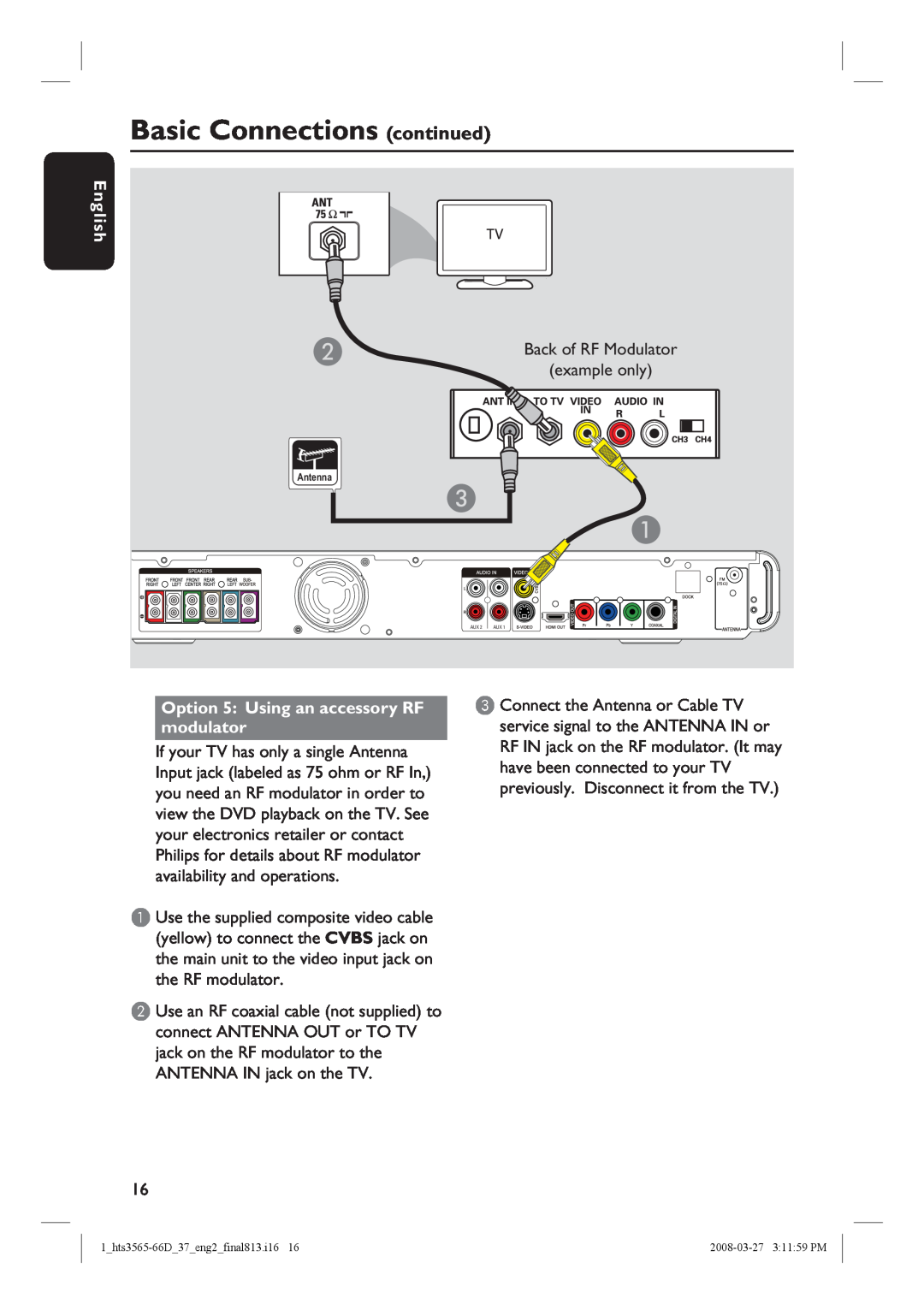 Philips HTS3565D quick start Basic Connections continued, English, Option 5 Using an accessory RF modulator 