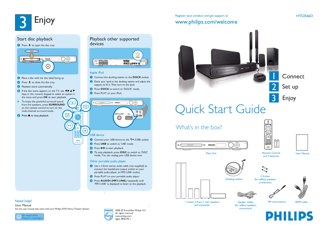 Philips HTS3566D user manual Enjoy, Start disc playback, Playback other supported devices, Need help? 