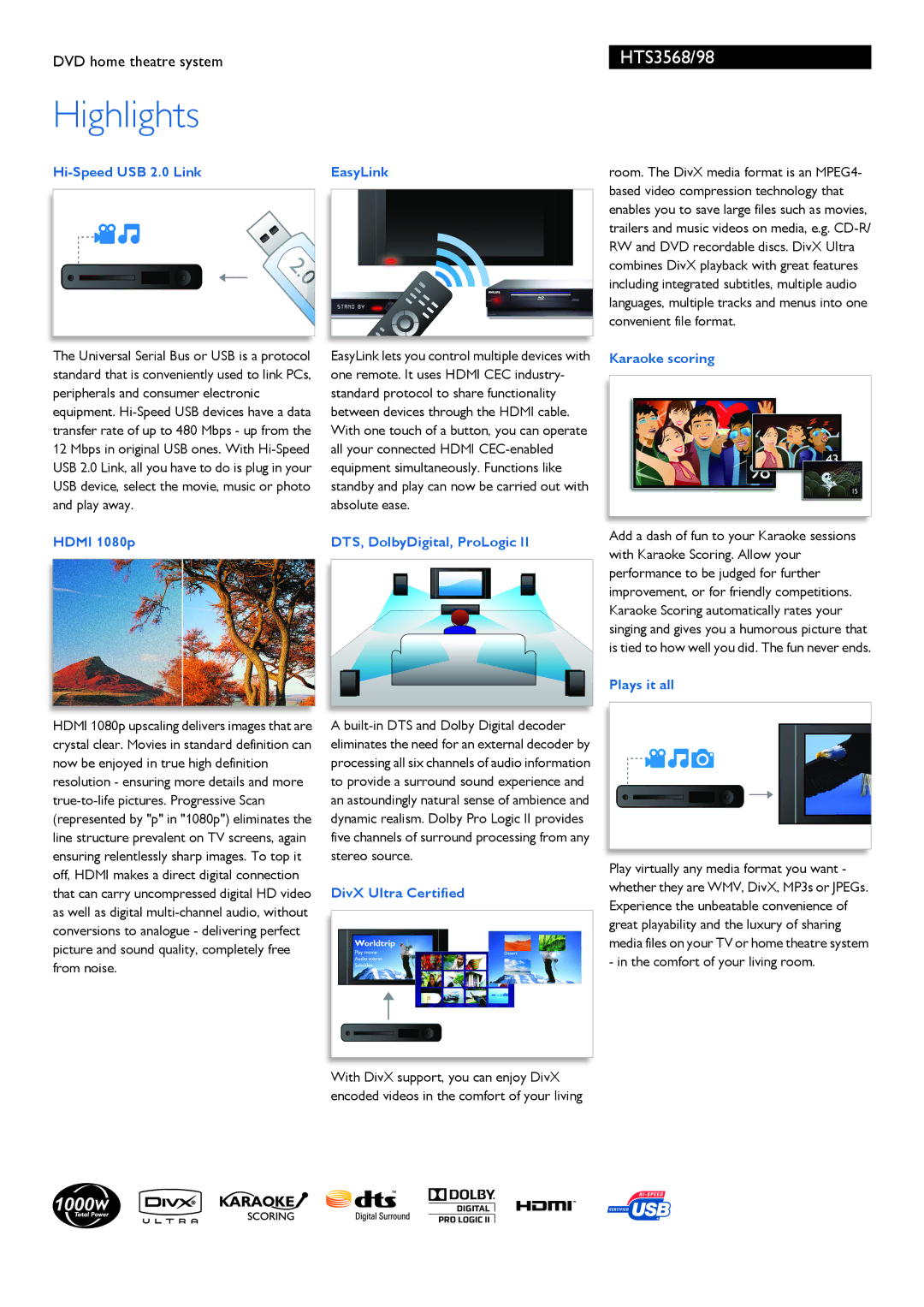 Philips HTS3568/98 manual Hi-Speed USB 2.0 Link, Hdmi 1080p, EasyLink, DTS, DolbyDigital, ProLogic, DivX Ultra Certified 