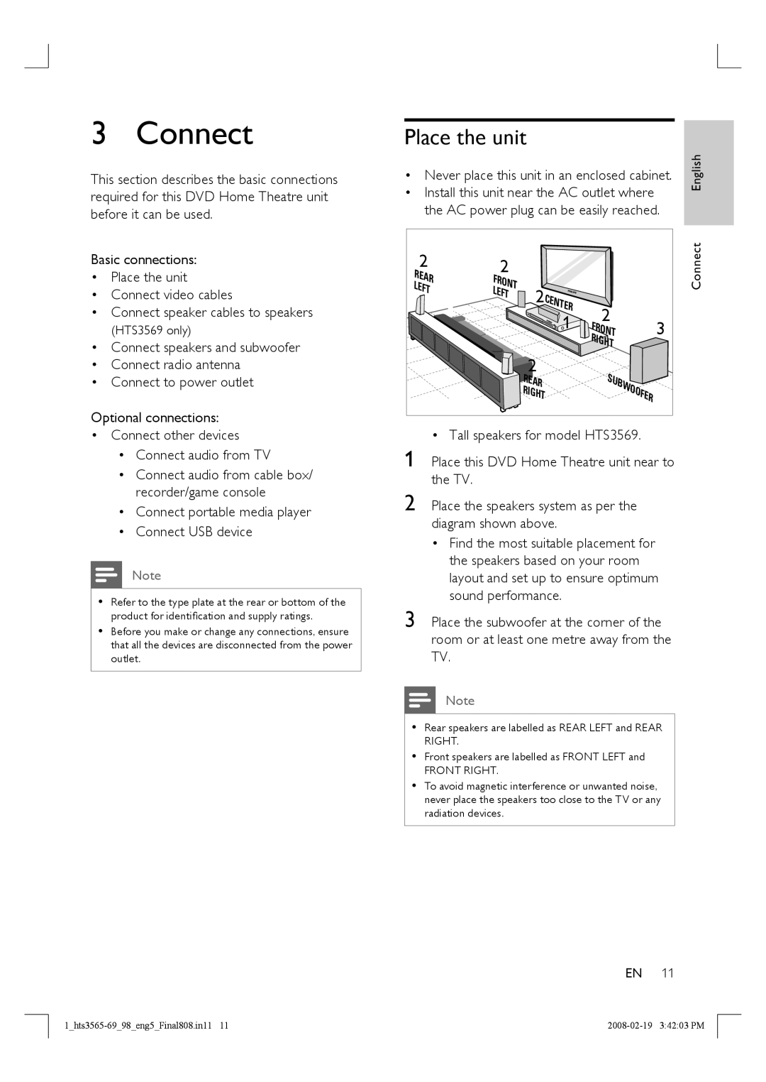 Philips HTS3569 manual Connect, Place the unit, Install this unit near the AC outlet where 