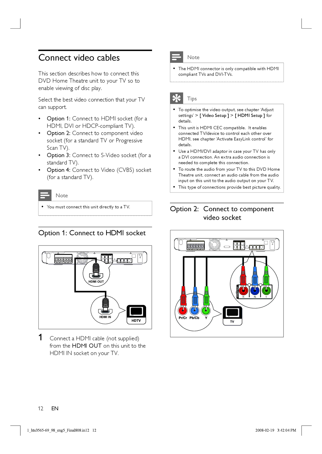 Philips HTS3569 Connect video cables, Option 1 Connect to Hdmi socket, Option 2 Connect to component Video socket, 12 EN 