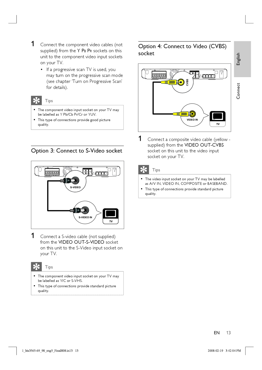 Philips HTS3569 manual Option 3 Connect to S-Video socket, Option 4 Connect to Video Cvbs Socket 