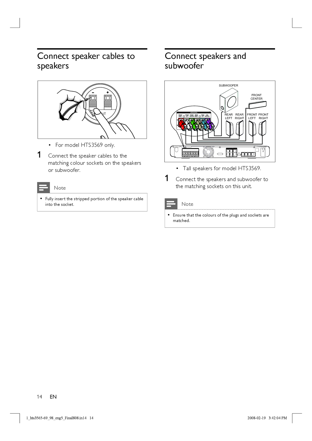 Philips Connect speaker cables to speakers, Connect speakers and subwoofer, Tall speakers for model HTS3569, 14 EN 