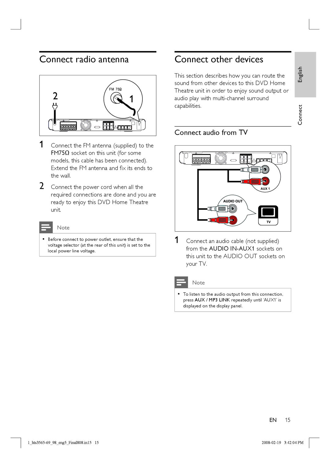 Philips HTS3569 manual Connect radio antenna, Connect other devices, Connect audio from TV, Connect English 