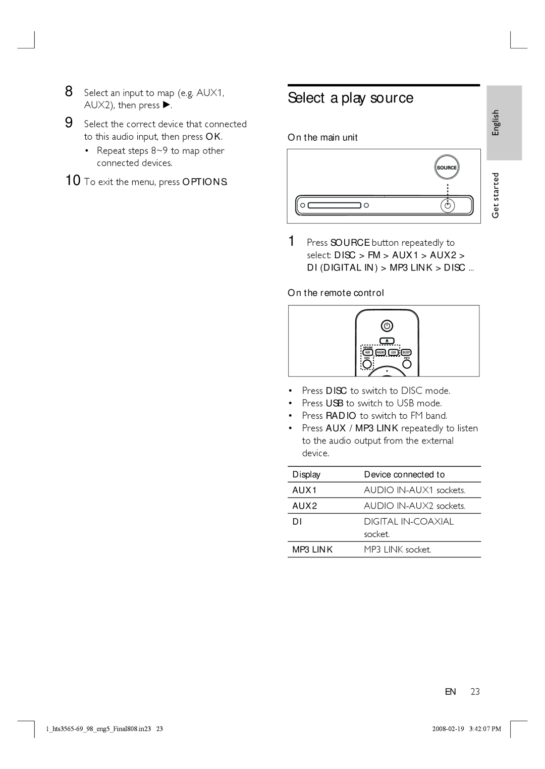 Philips HTS3569 manual Select a play source, Select an input to map e.g. AUX1, AUX2, then press B, On the main unit 