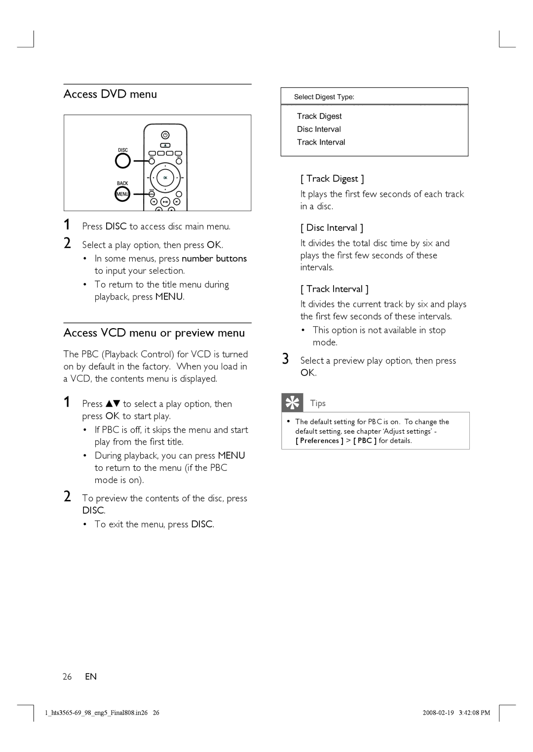 Philips HTS3569 manual Access DVD menu, Access VCD menu or preview menu, 26 EN 