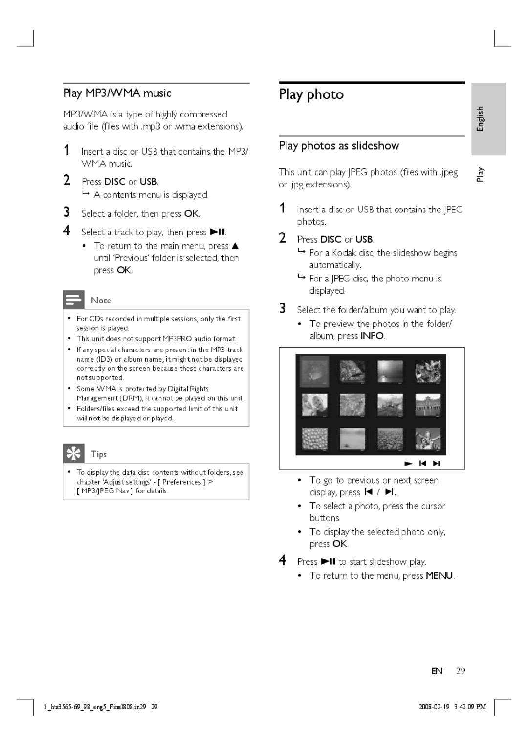 Philips HTS3569 manual Play MP3/WMA music, Play photos as slideshow 