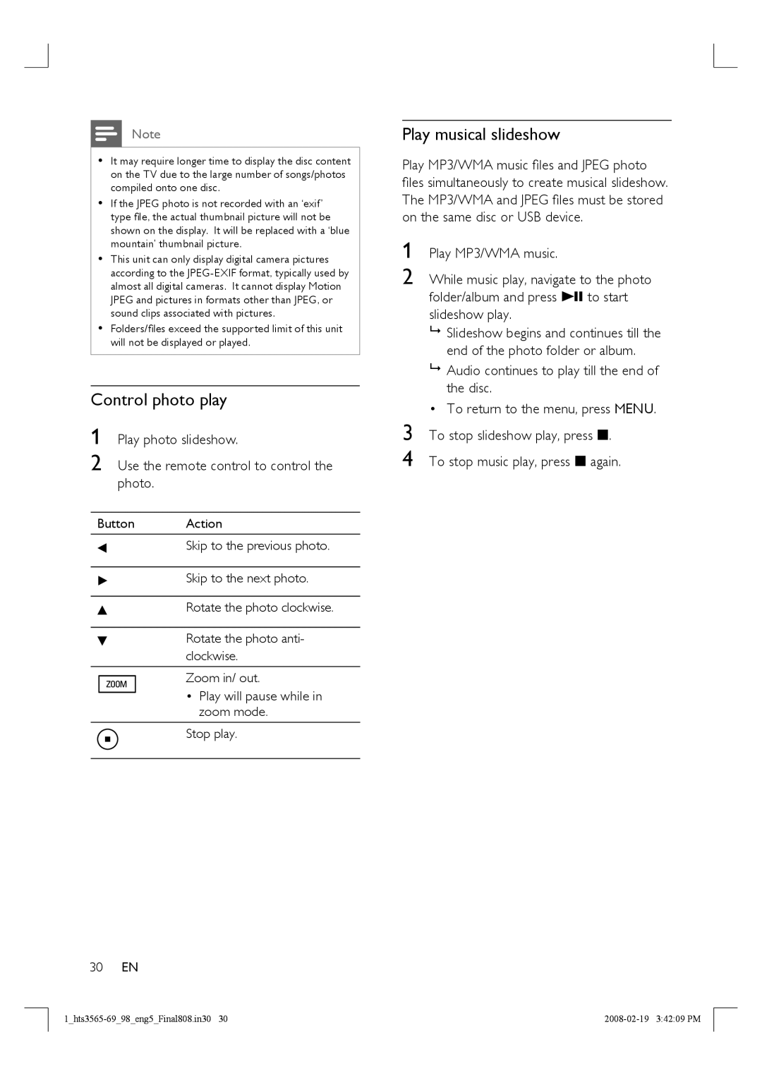 Philips HTS3569 manual Control photo play, Play musical slideshow, Use the remote control to control the photo 