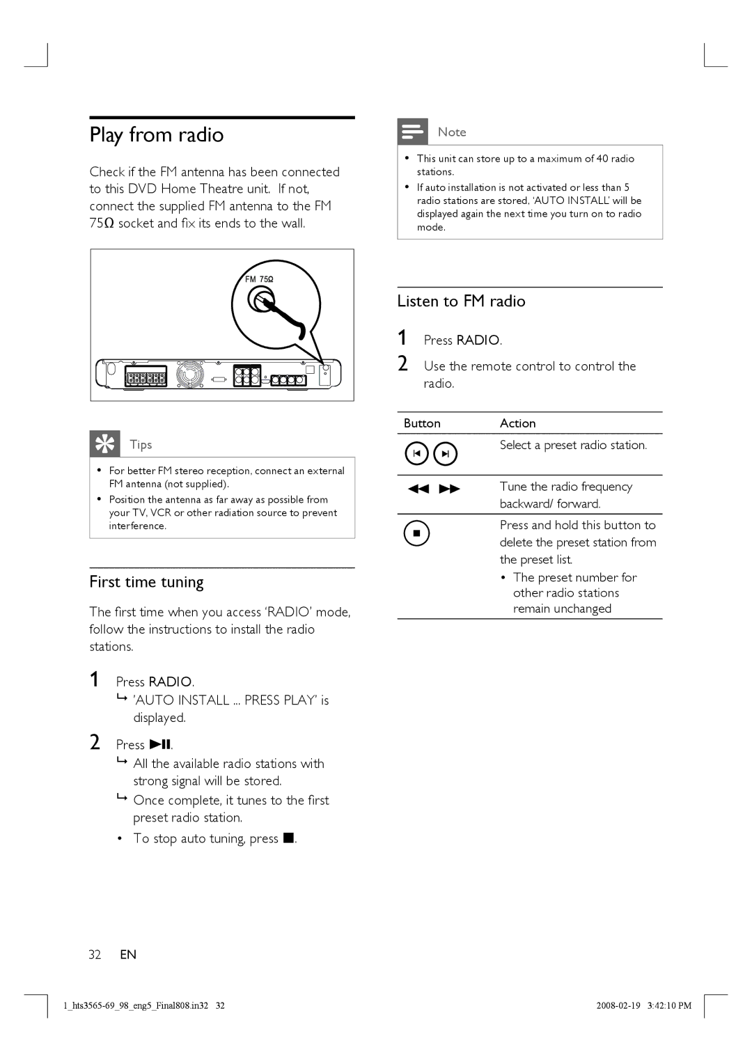 Philips HTS3569 manual Play from radio, First time tuning, Listen to FM radio, Use the remote control to control the radio 