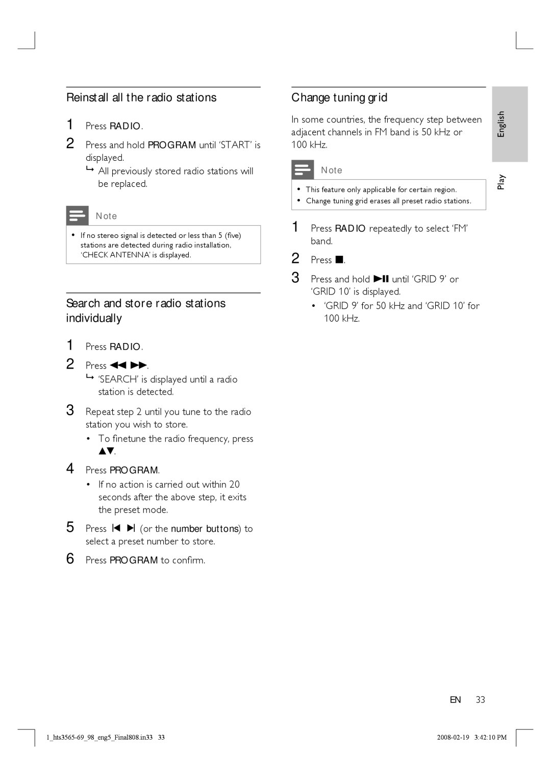 Philips HTS3569 manual Reinstall all the radio stations, Search and store radio stations individually, Change tuning grid 