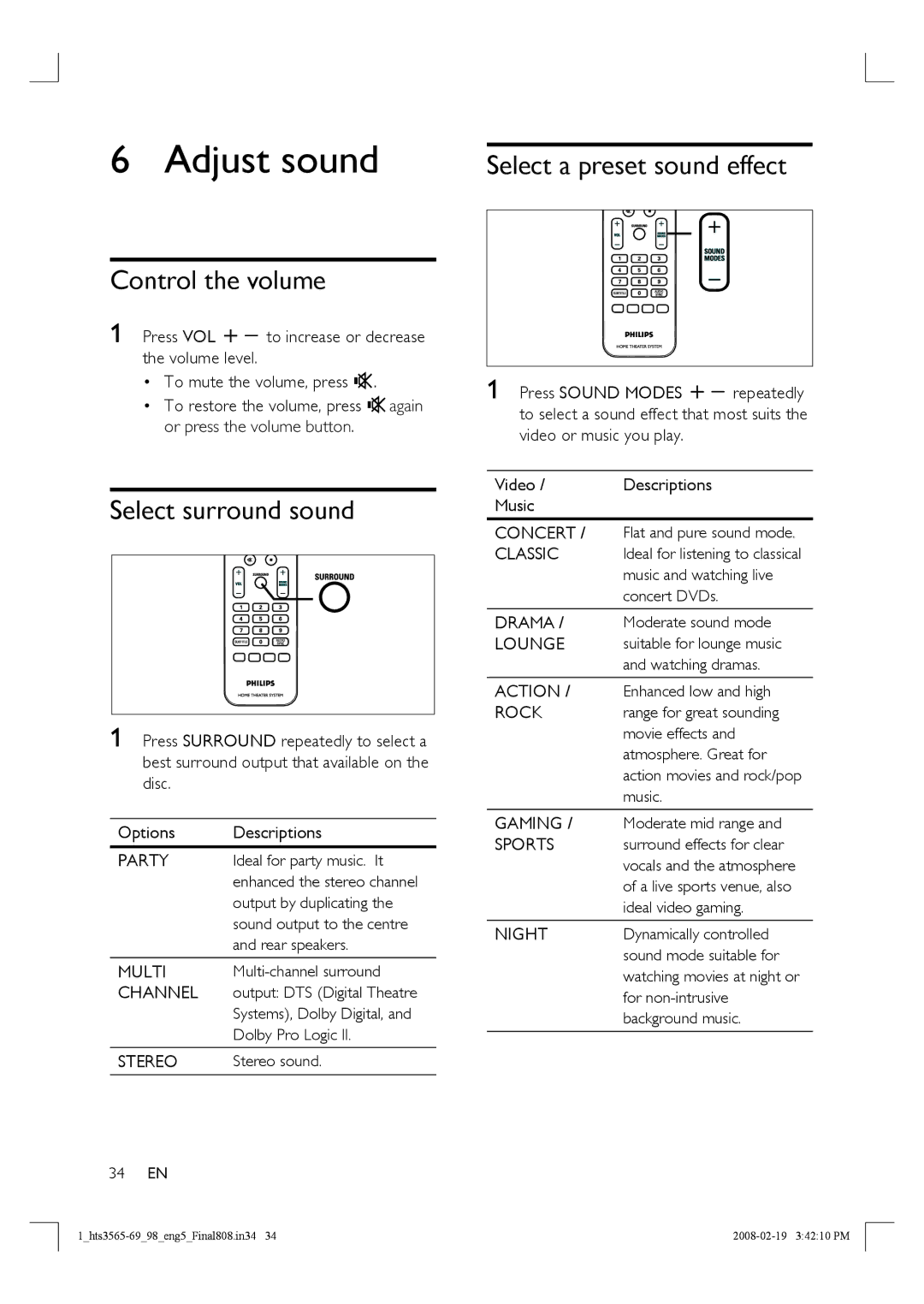 Philips HTS3569 manual Adjust sound, Control the volume, Select surround sound, Select a preset sound effect 