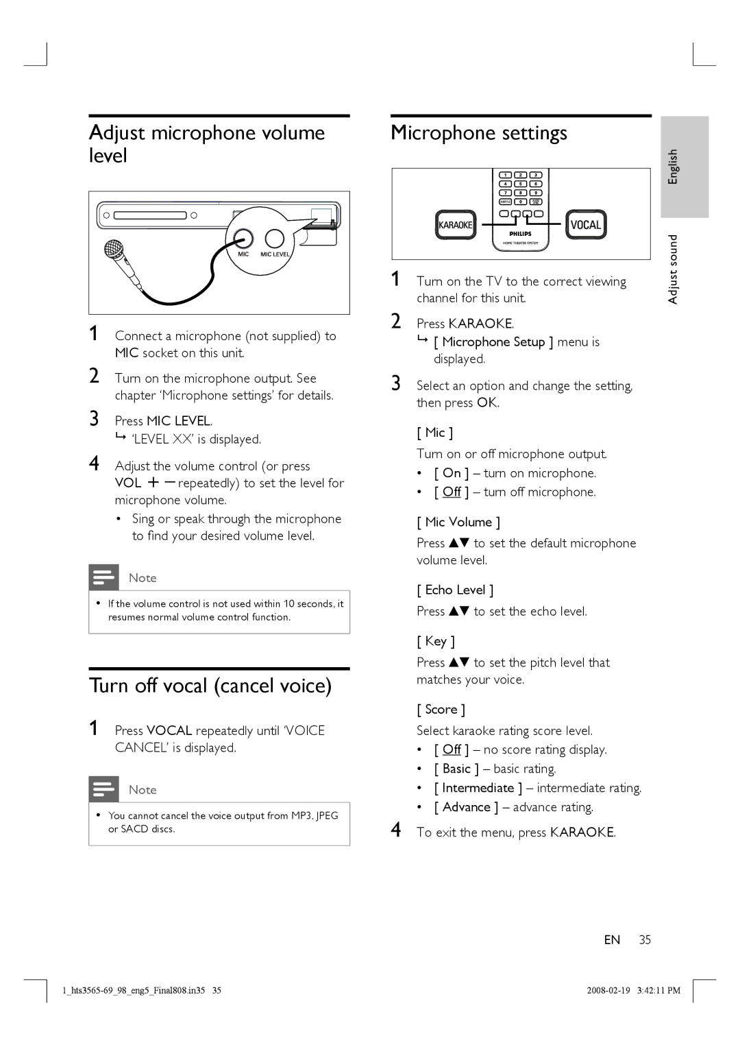 Philips HTS3569 Adjust microphone volume level, Turn off vocal cancel voice, Microphone settings, Adjust sound English 