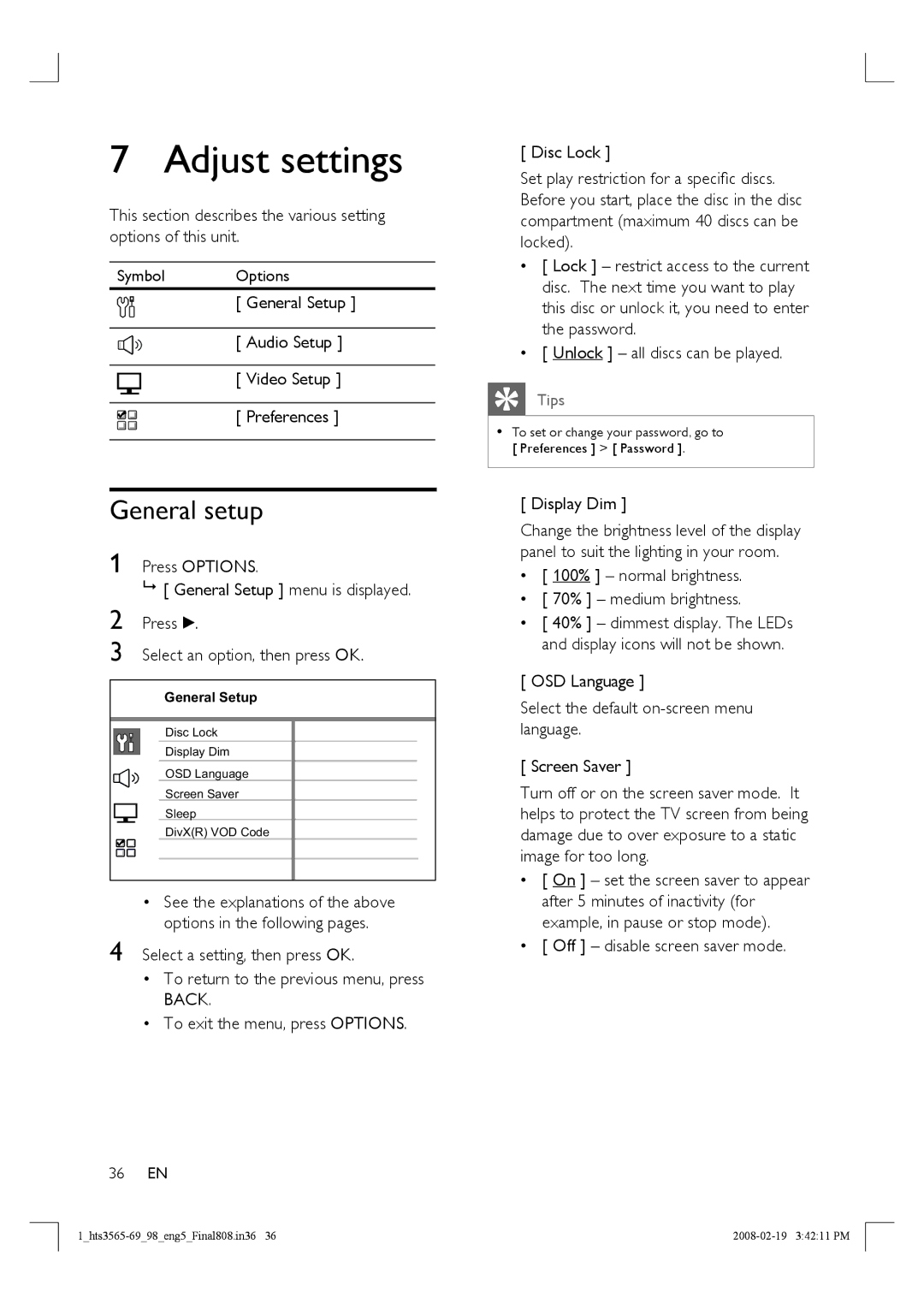 Philips HTS3569 manual Adjust settings, General setup, Display Dim, 100% normal brightness 70% medium brightness 