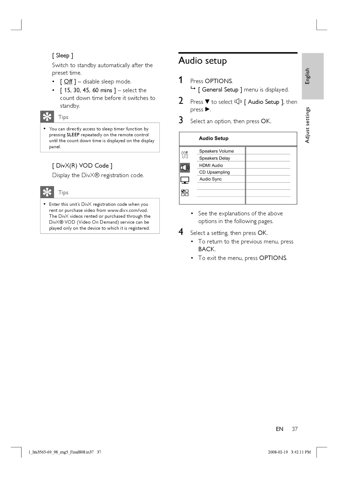 Philips HTS3569 manual Audio setup, DivXR VOD Code Display the DivX registration code, Adjust settings English 