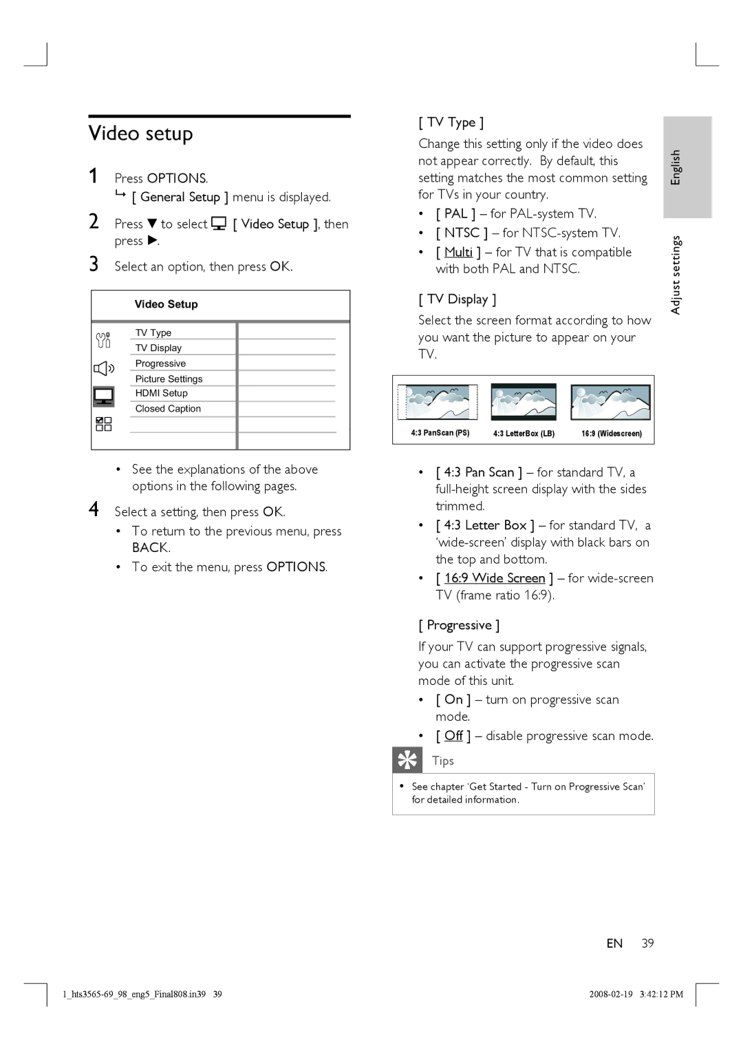 Philips HTS3569 manual Video setup, PAL for PAL-system TV Ntsc for NTSC-system TV, Off disable progressive scan mode 