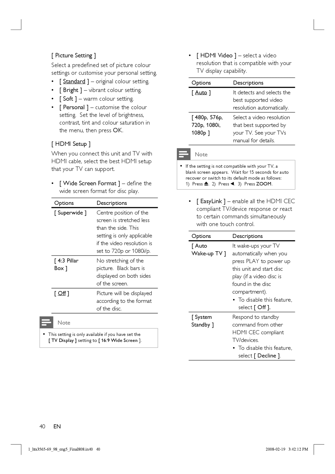 Philips HTS3569 manual Picture Setting, Hdmi Setup 