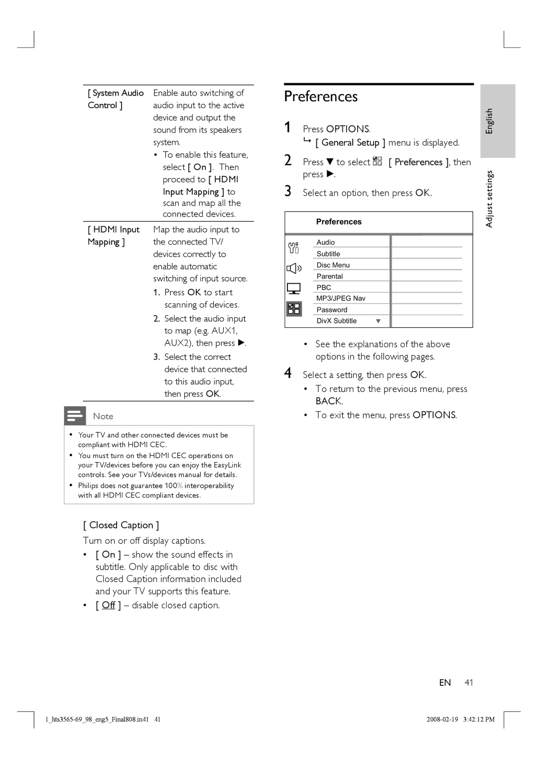 Philips HTS3569 manual Preferences, Closed Caption Turn on or off display captions, Off disable closed caption, Adjust 