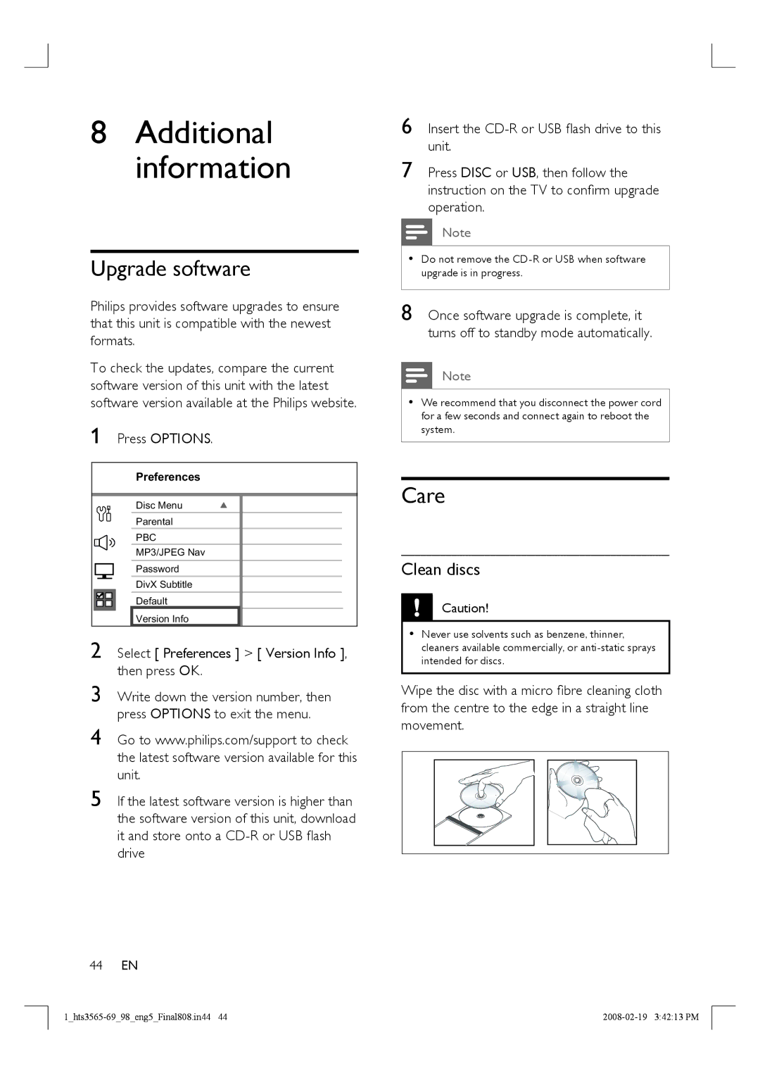 Philips HTS3569 manual Additional information, Upgrade software, Care, Clean discs, 44 EN 