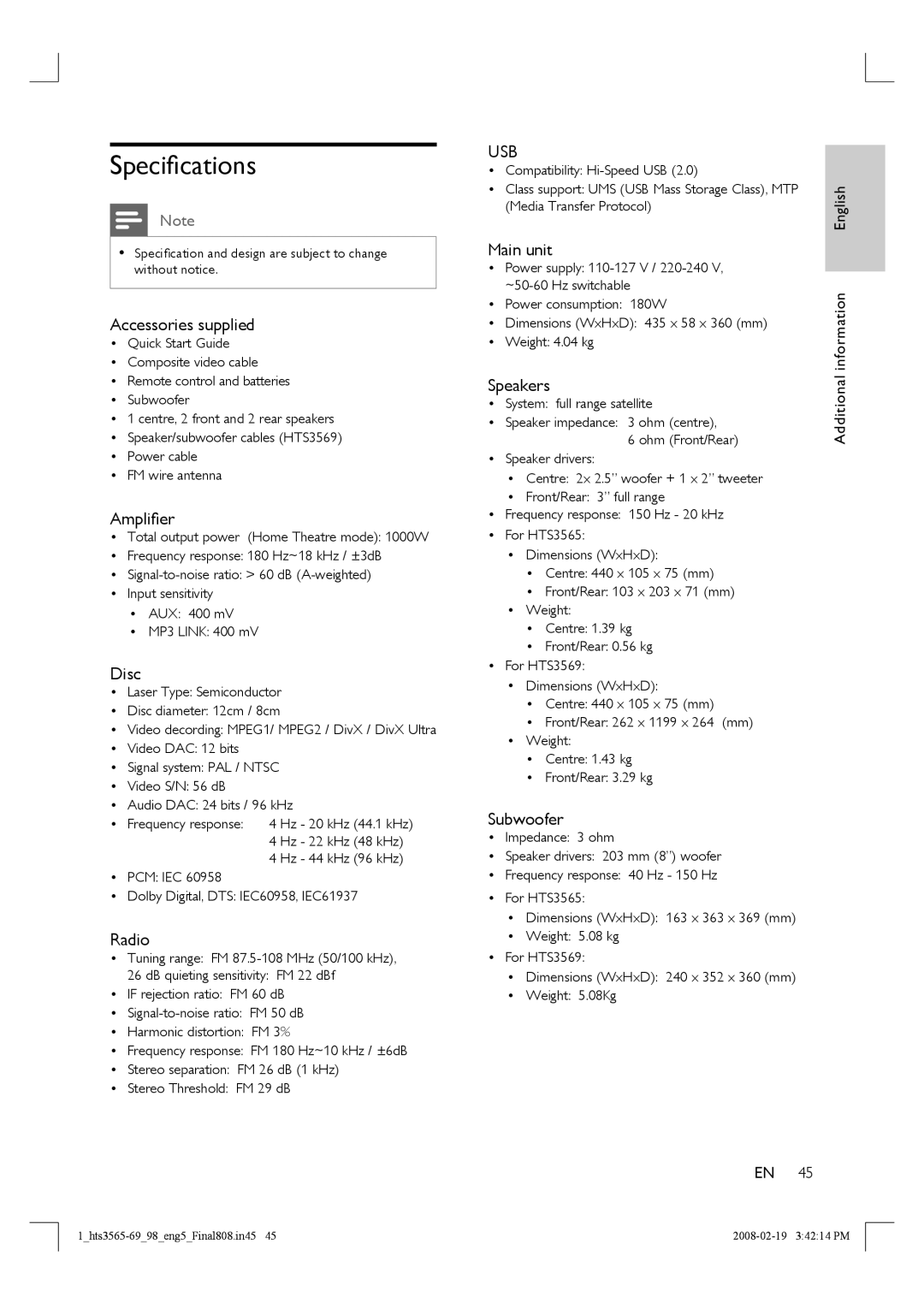 Philips HTS3569 manual Speciﬁcations 