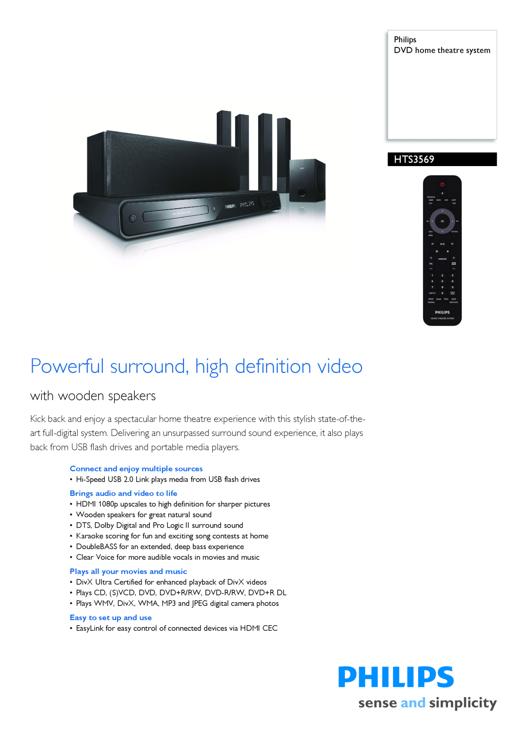 Philips HTS3569/98 manual Philips DVD home theatre system, Connect and enjoy multiple sources, Easy to set up and use 