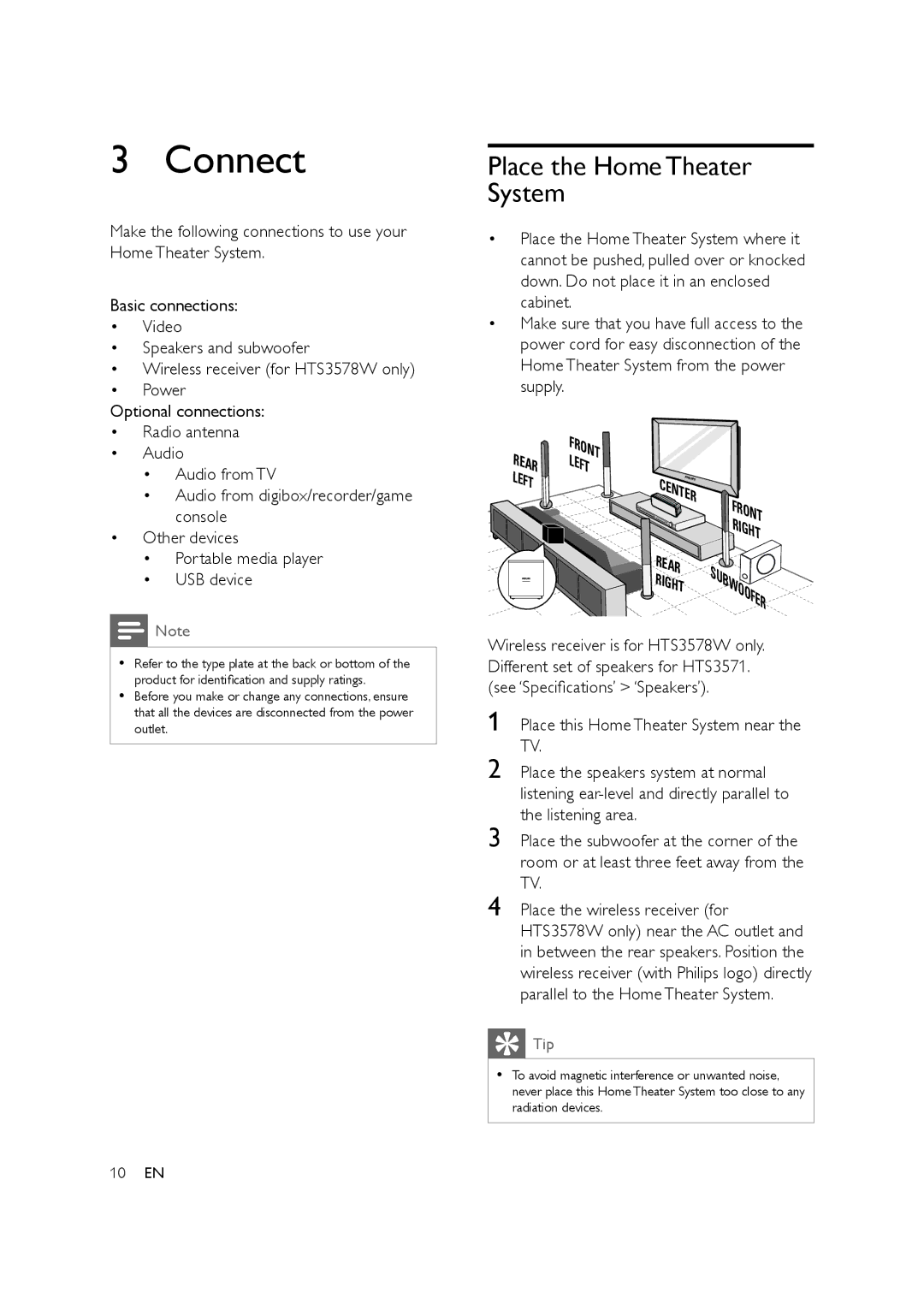 Philips HTS3578W user manual Connect, Place the Home Theater System 