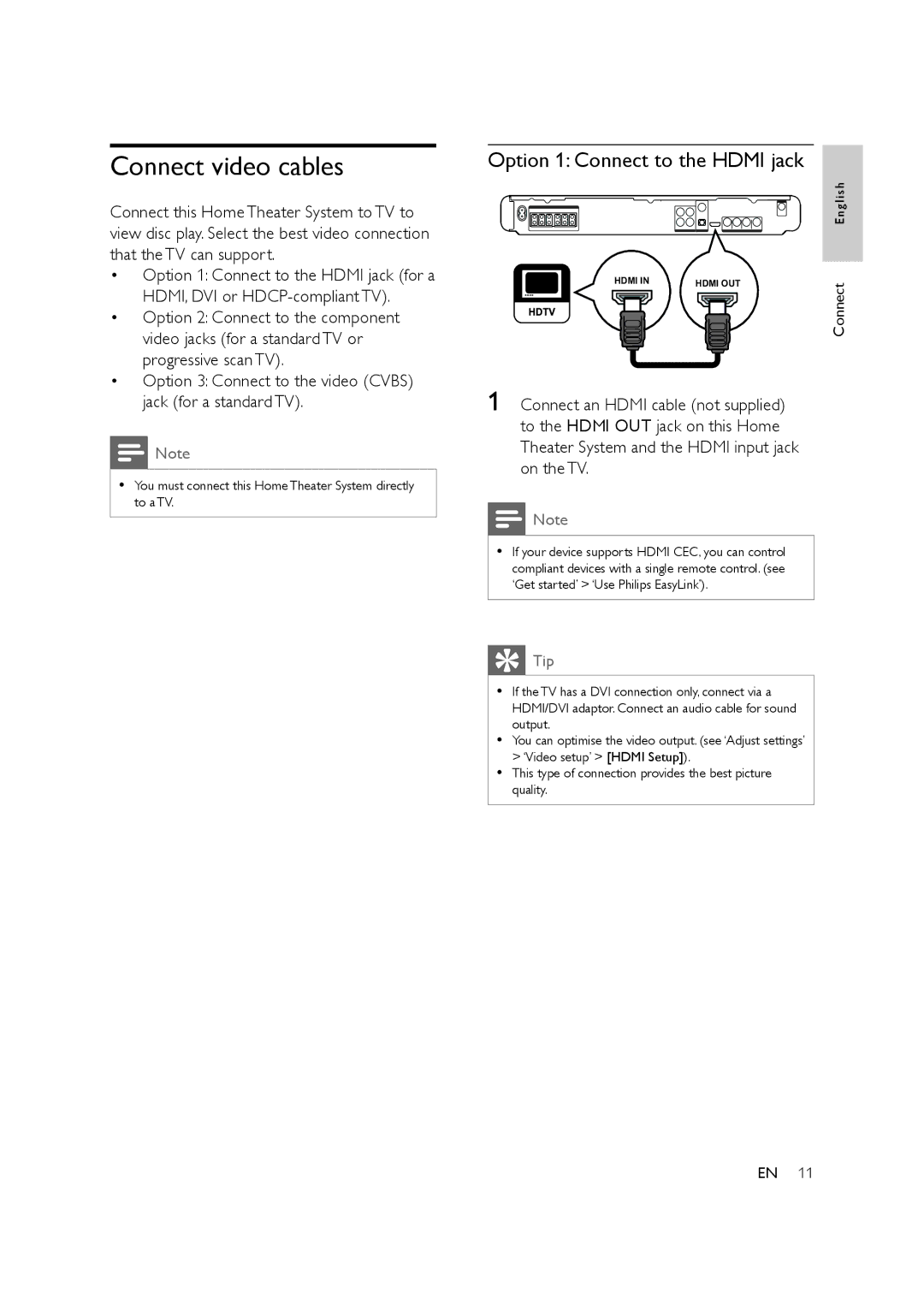 Philips HTS3578W user manual Connect video cables, Option 1 Connect to the Hdmi jack 