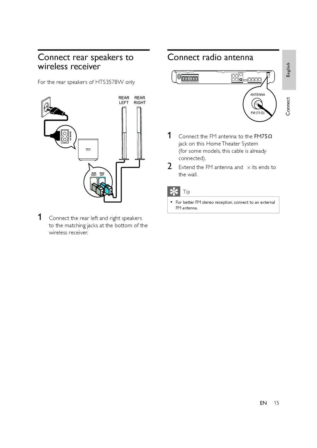 Philips HTS3578W user manual Connect rear speakers to wireless receiver, Connect radio antenna 