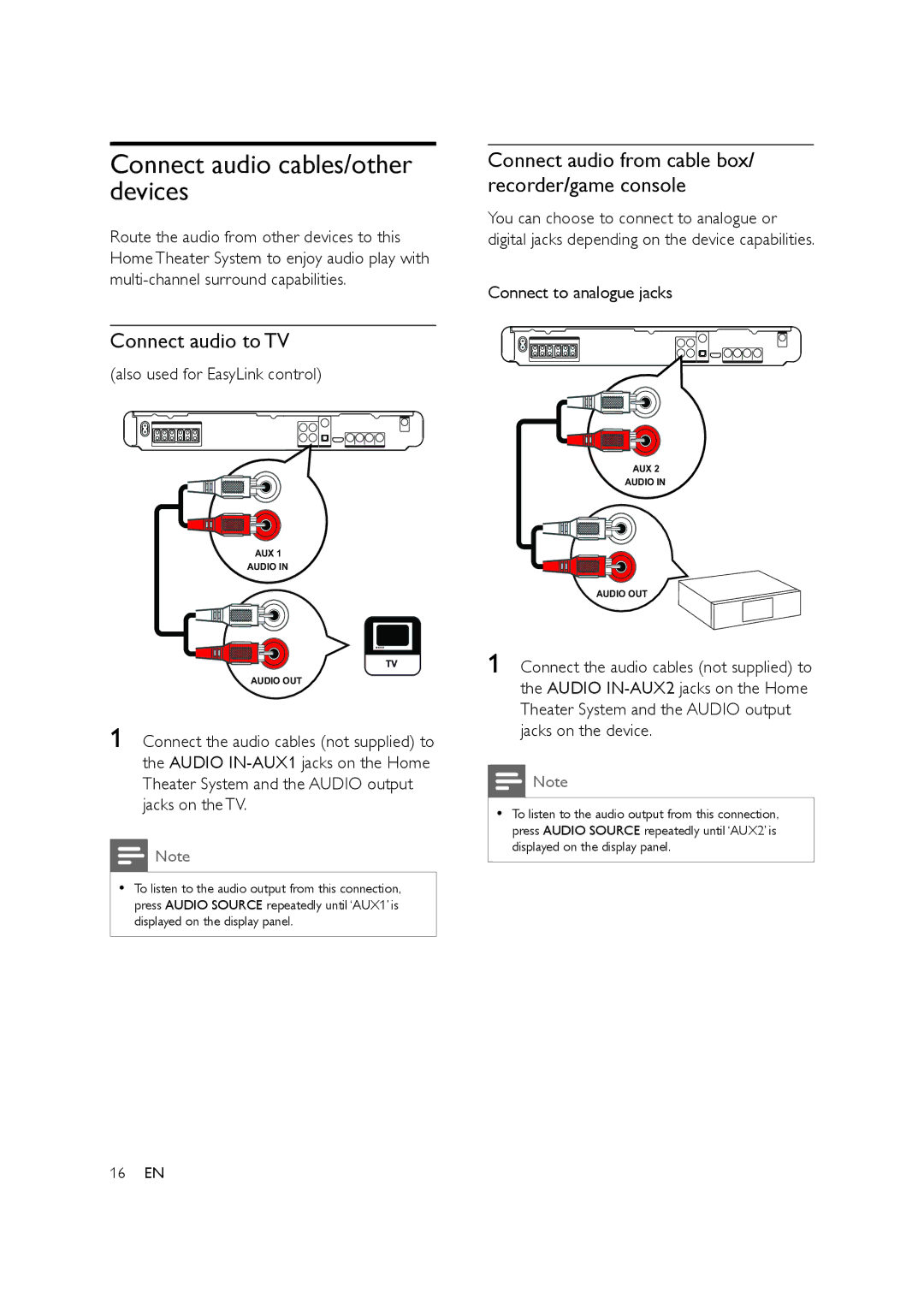 Philips HTS3578W user manual Connect audio cables/other devices, Connect audio to TV, Also used for EasyLink control 