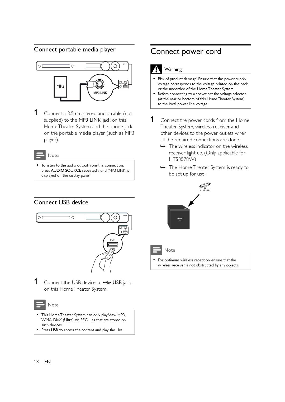 Philips HTS3578W user manual Connect power cord, Connect portable media player, Connect USB device 