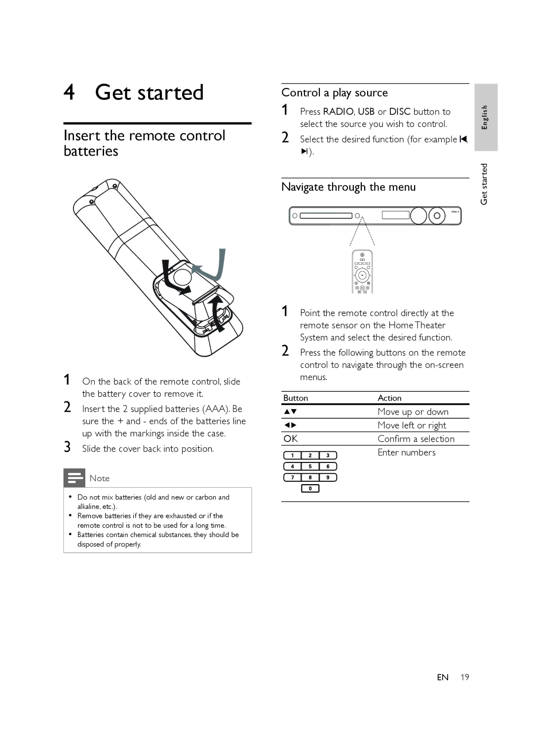 Philips HTS3578W Get started, Insert the remote control batteries, Control a play source, Navigate through the menu 