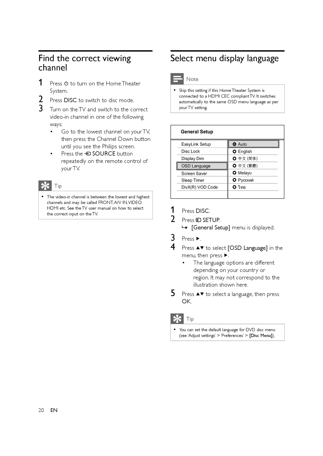 Philips HTS3578W Find the correct viewing channel, Select menu display language, Press to select a language, then press OK 