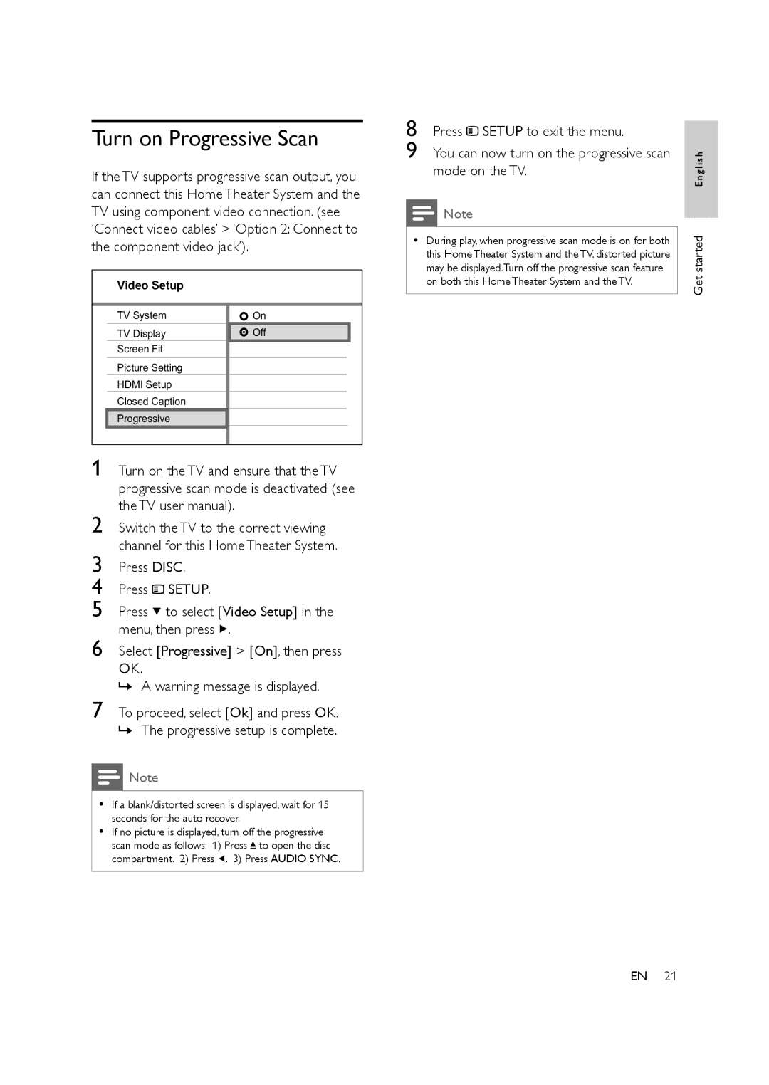 Philips HTS3578W user manual Turn on Progressive Scan, Press Disc, Press Setup to exit the menu 