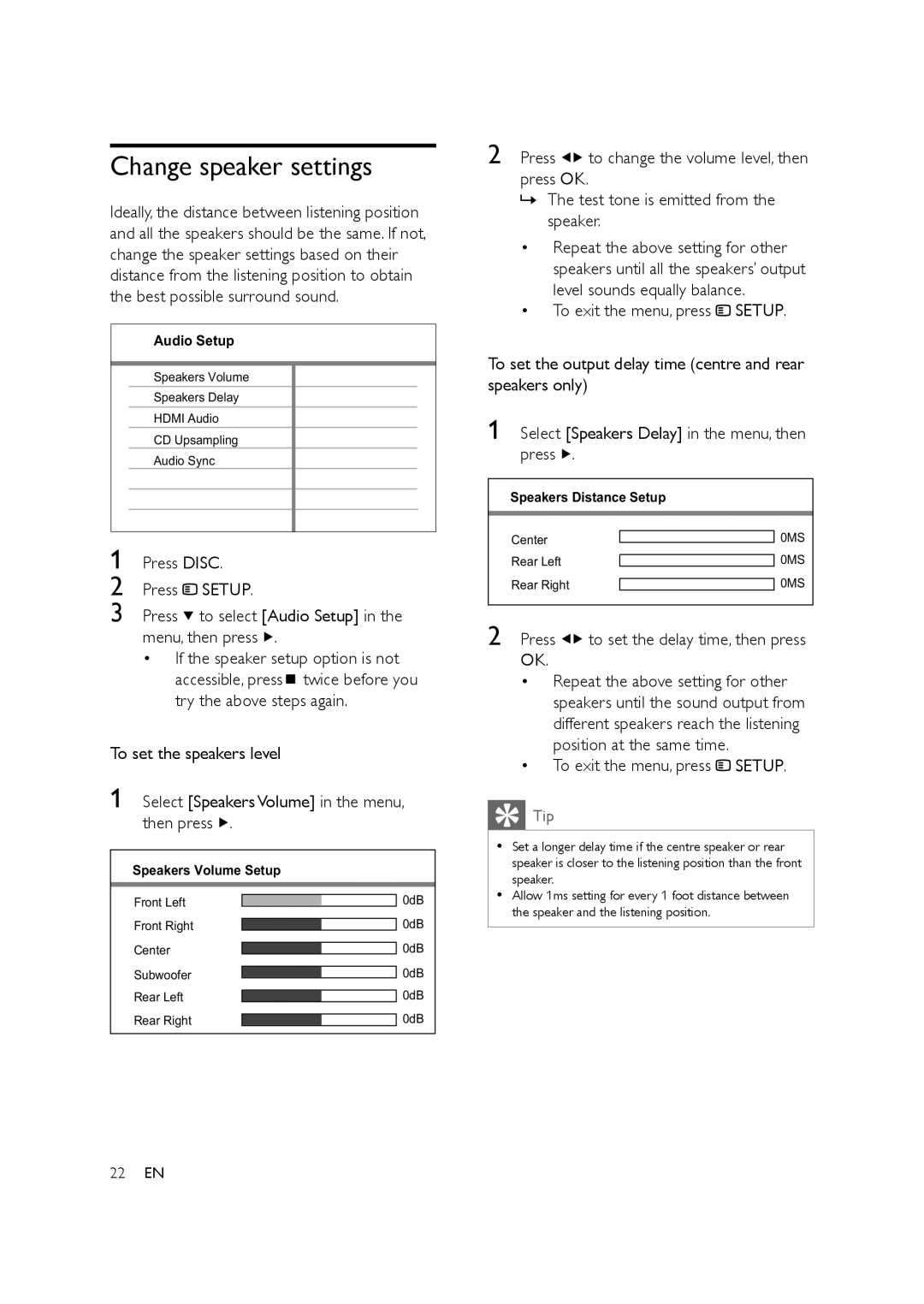 Philips HTS3578W user manual Change speaker settings, Menu, then press, Press to set the delay time, then press OK 