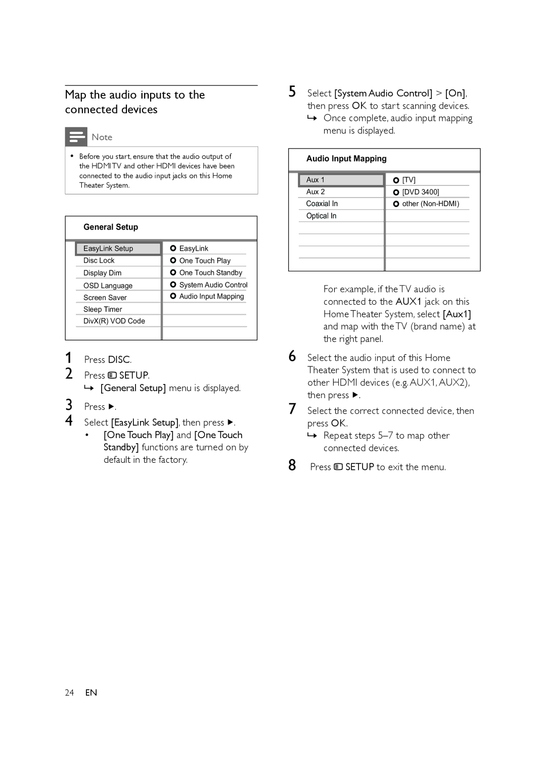 Philips HTS3578W Map the audio inputs to the connected devices, » Once complete, audio input mapping menu is displayed 