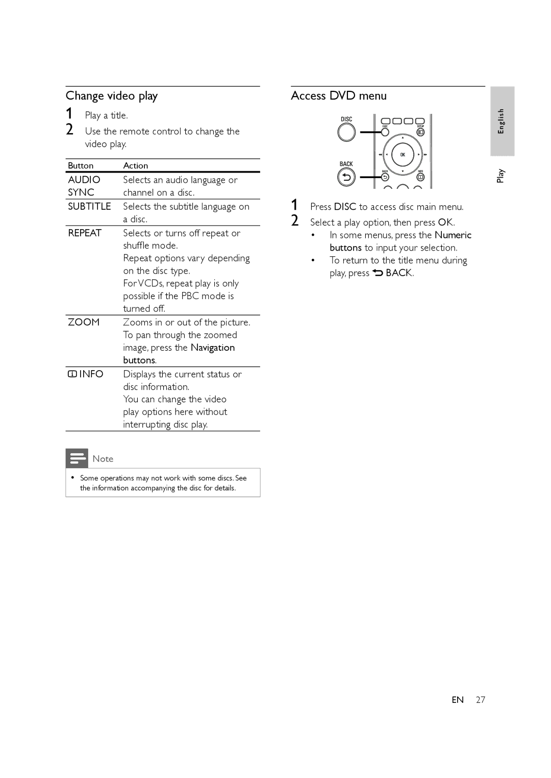 Philips HTS3578W user manual Change video play, Access DVD menu, Use the remote control to change the video play 