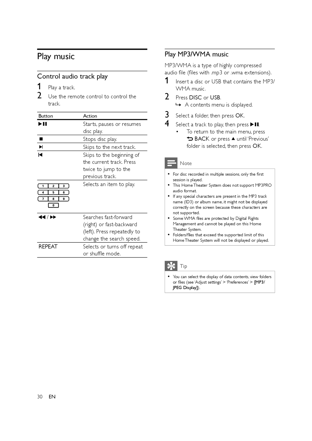 Philips HTS3578W user manual Play music, Control audio track play, Play MP3/WMA music, Or shufﬂe mode 