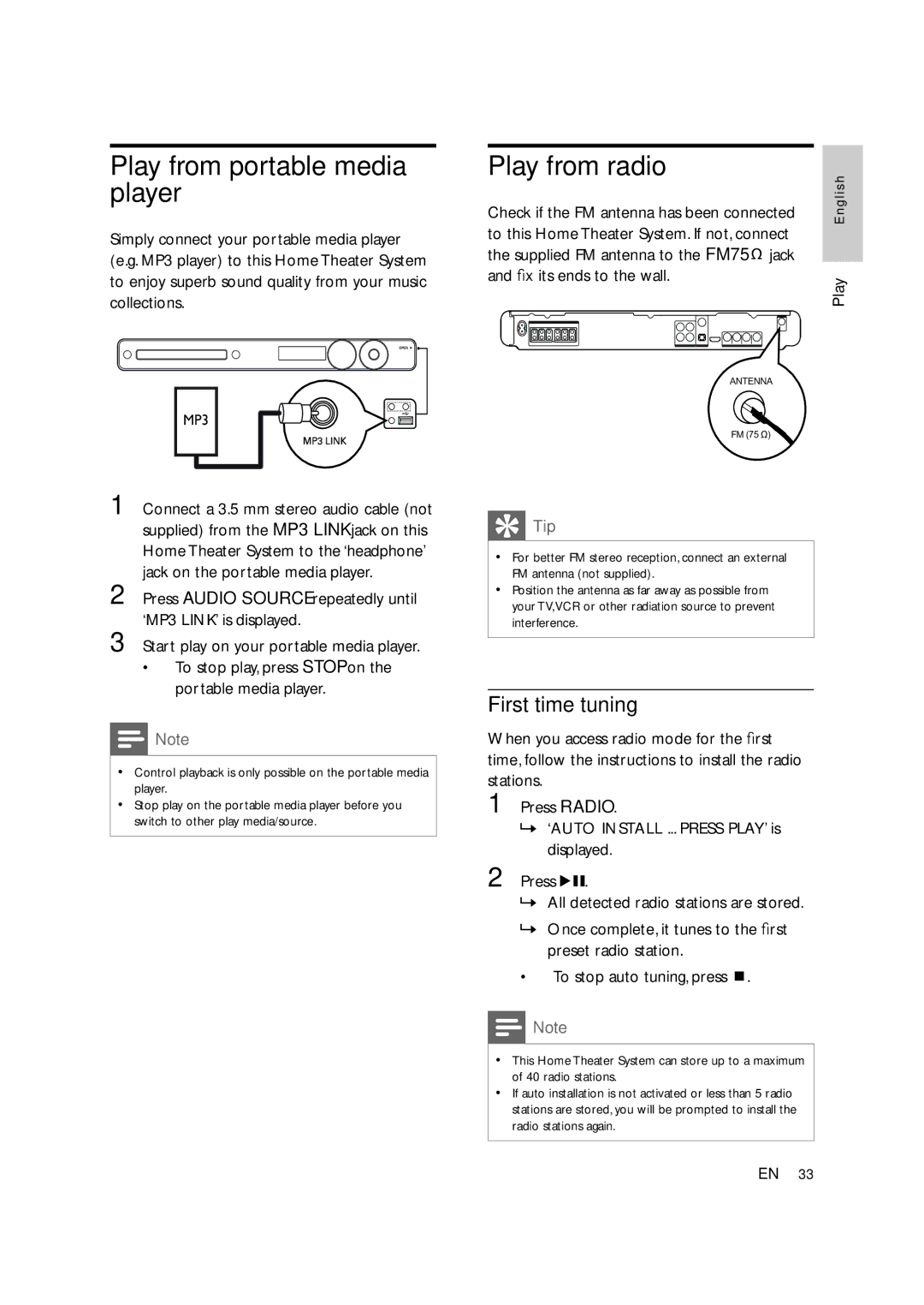 Philips HTS3578W user manual Play from portable media player, Play from radio, First time tuning 