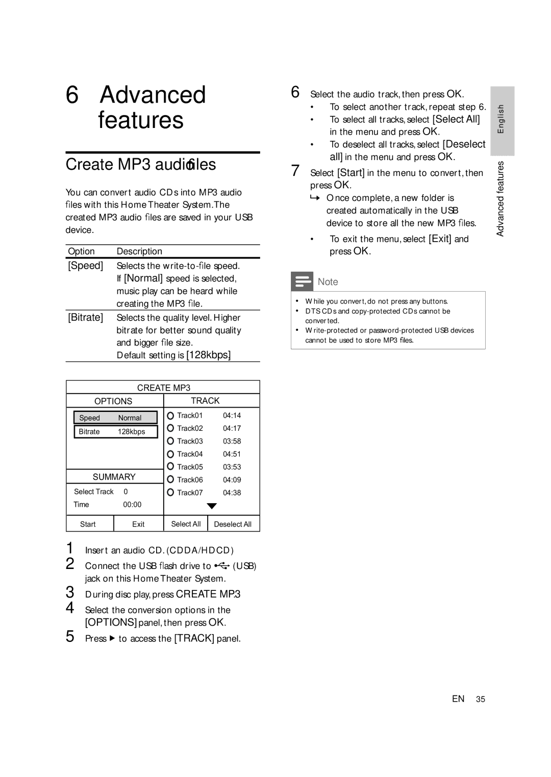 Philips HTS3578W user manual Create MP3 audio ﬁles, Usb 