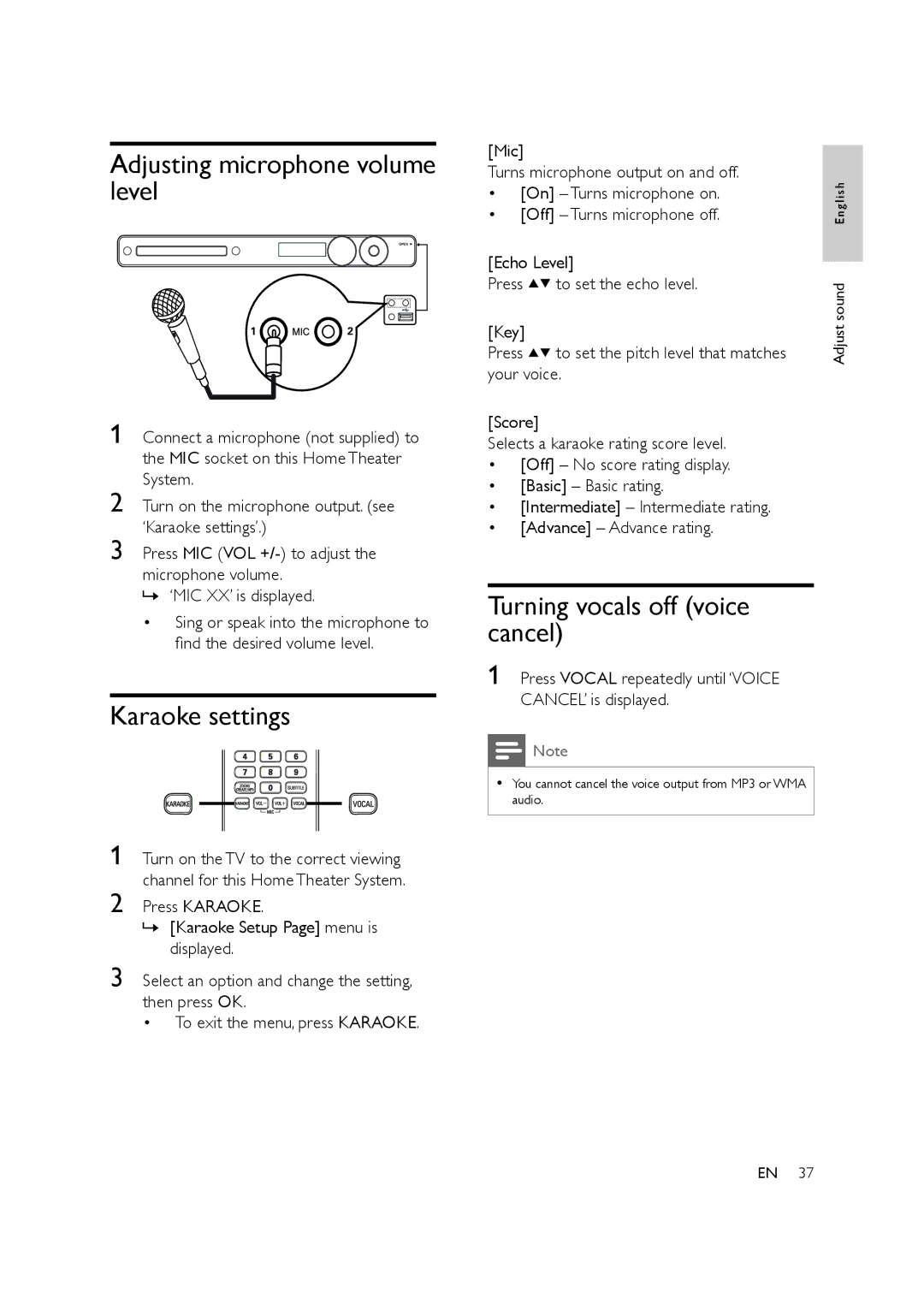 Philips HTS3578W user manual Adjusting microphone volume level, Karaoke settings, Turning vocals off voice cancel 