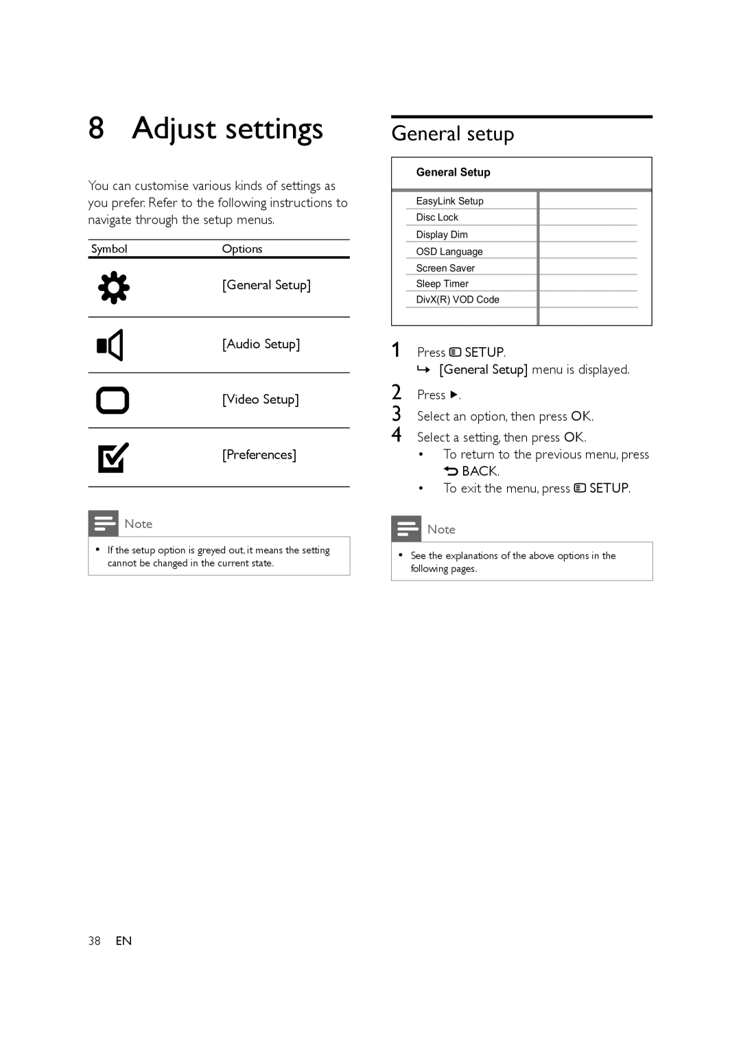 Philips HTS3578W user manual Adjust settings, General setup 