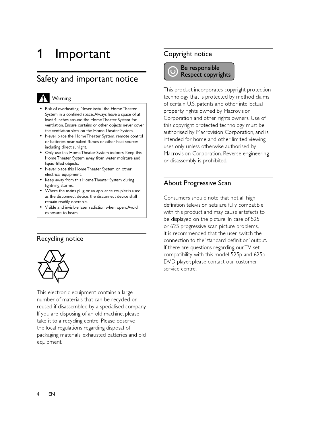 Philips HTS3578W user manual Safety and important notice, Recycling notice, Copyright notice, About Progressive Scan 