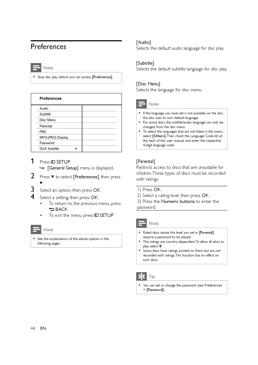 Philips HTS3578W user manual Preferences, Disc Menu Selects the language for disc menu 