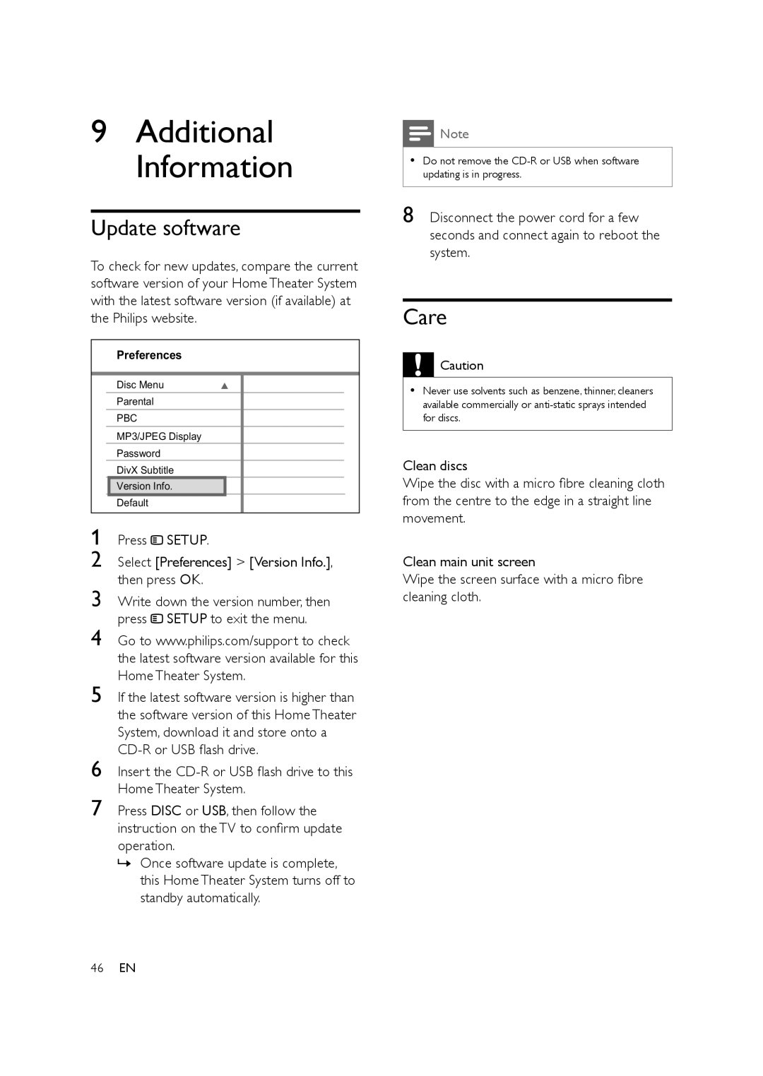 Philips HTS3578W user manual Update software, Care, Then press OK 