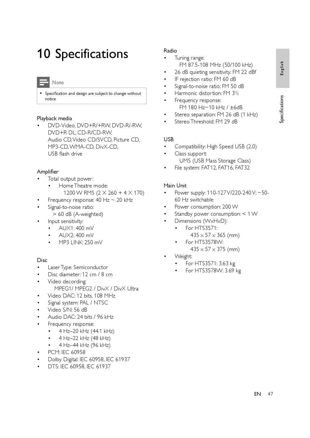 Philips HTS3578W user manual Specifications, Playback media 