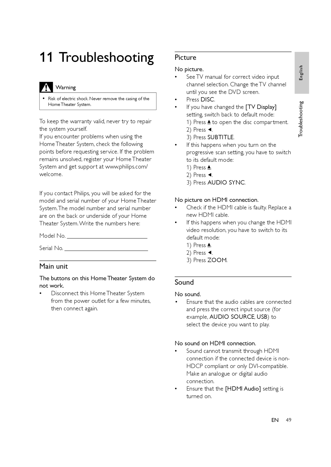 Philips HTS3578W user manual Troubleshooting, Picture, Sound 