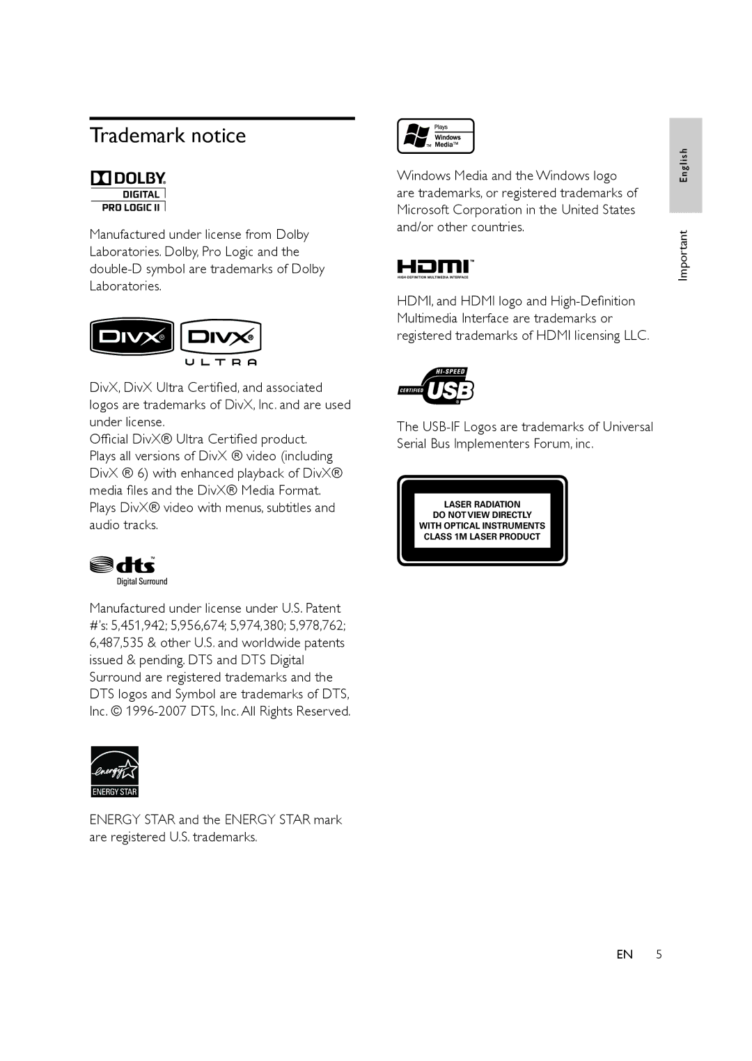 Philips HTS3578W user manual Trademark notice, Windows Media and the Windows logo 