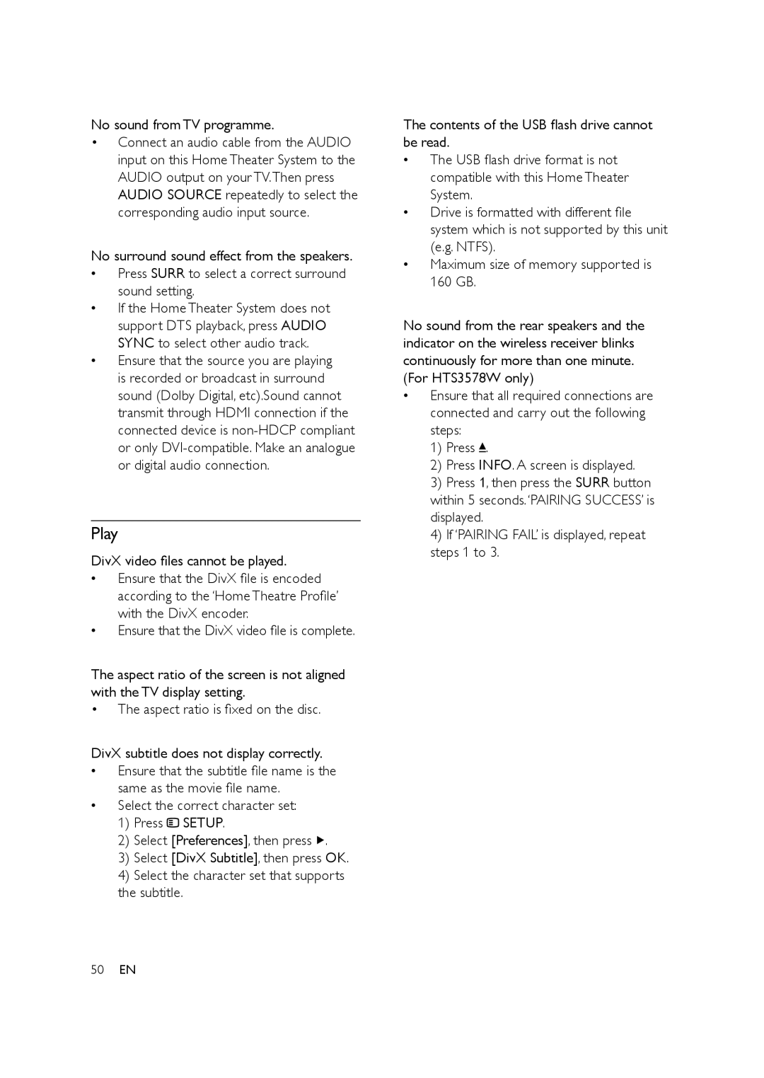 Philips HTS3578W user manual Play, No sound from TV programme, DivX video ﬁles cannot be played 