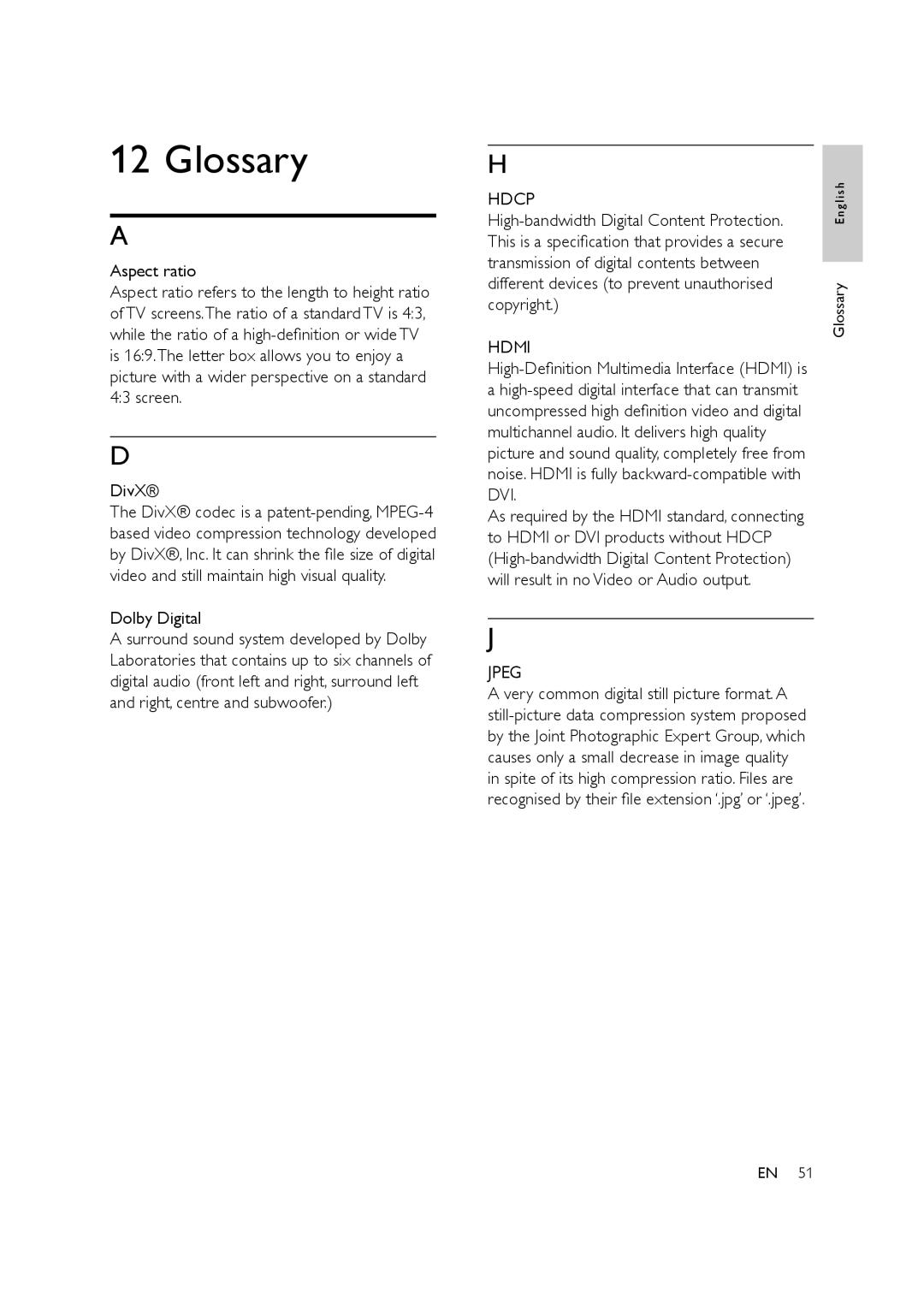 Philips HTS3578W user manual Glossary, Hdcp, Hdmi, Jpeg 