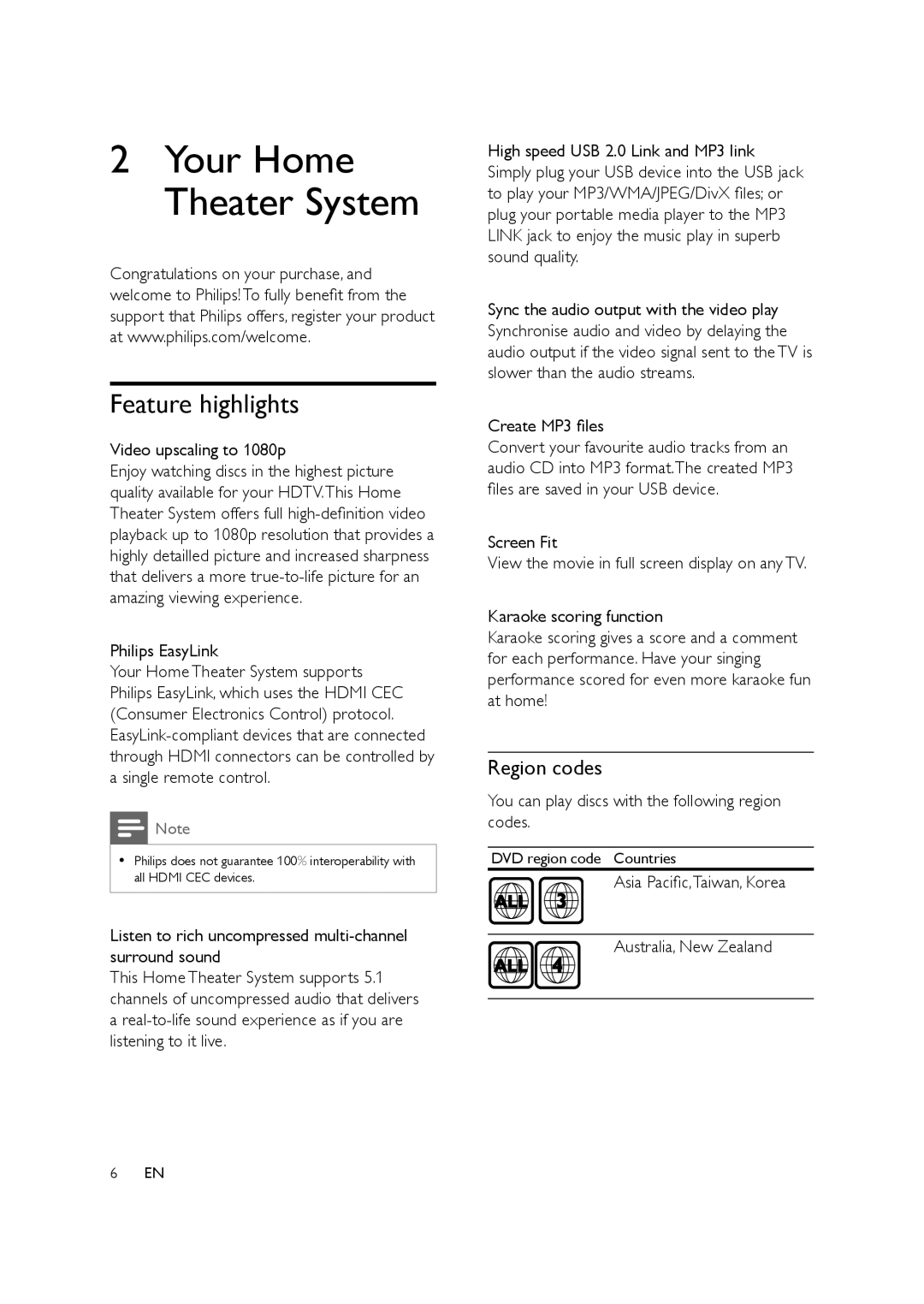 Philips HTS3578W user manual Feature highlights, Region codes 