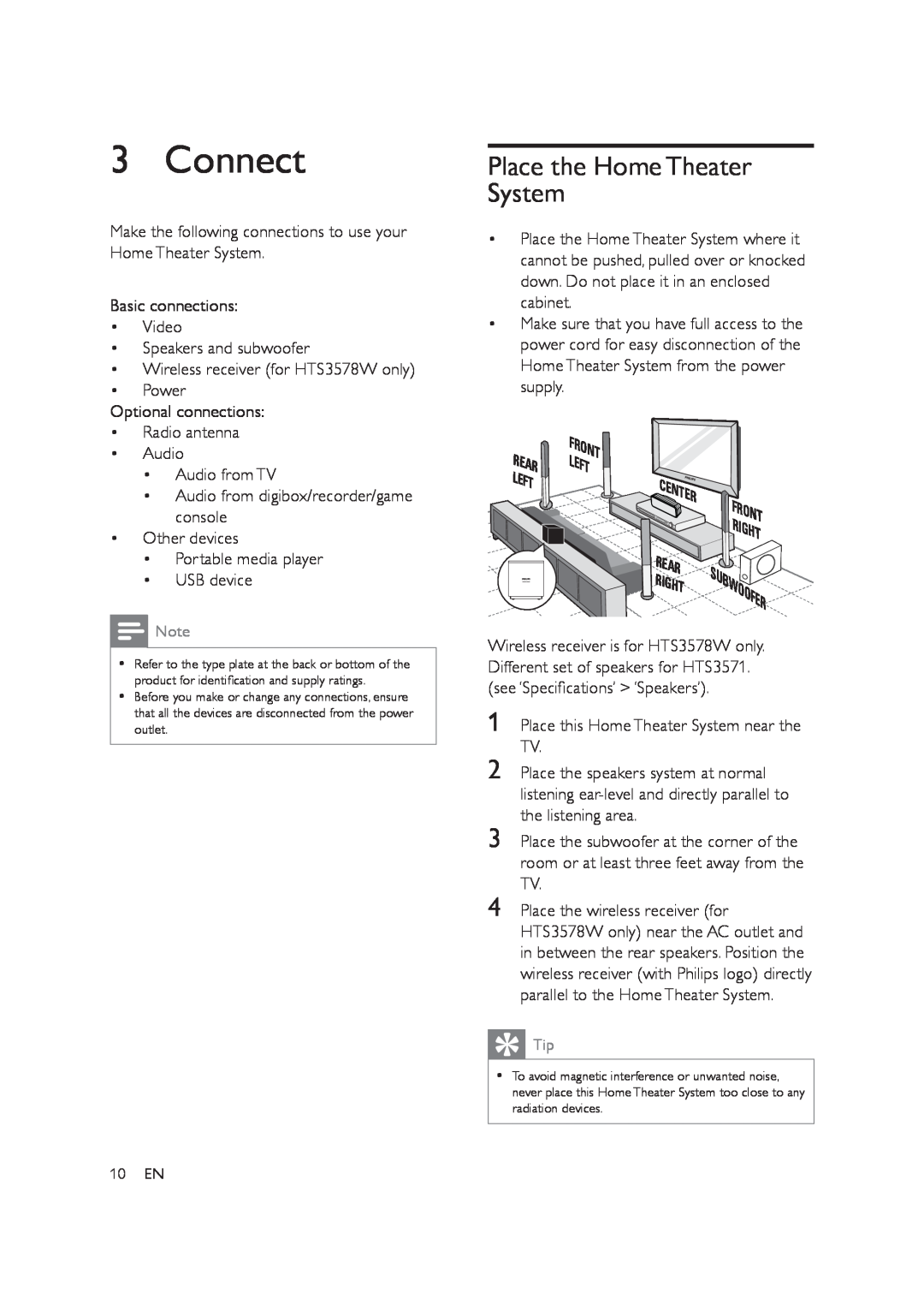 Philips HTS3578W user manual Connect, Place the Home Theater System, Subwoofer, Front Right 
